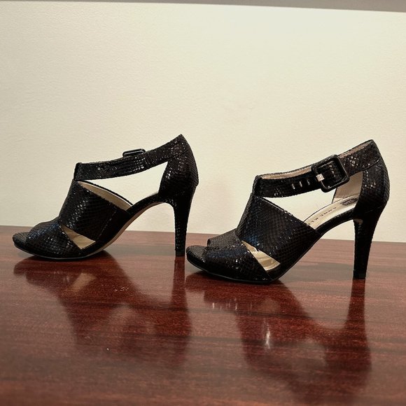 Anne Klein iFlex AK Akouray Faux Snakeskin Black Peep Toe Heel 5.5M New w/o Box - Picture 2 of 9